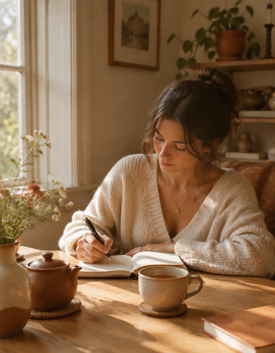 Lena journaling at her kitchen table